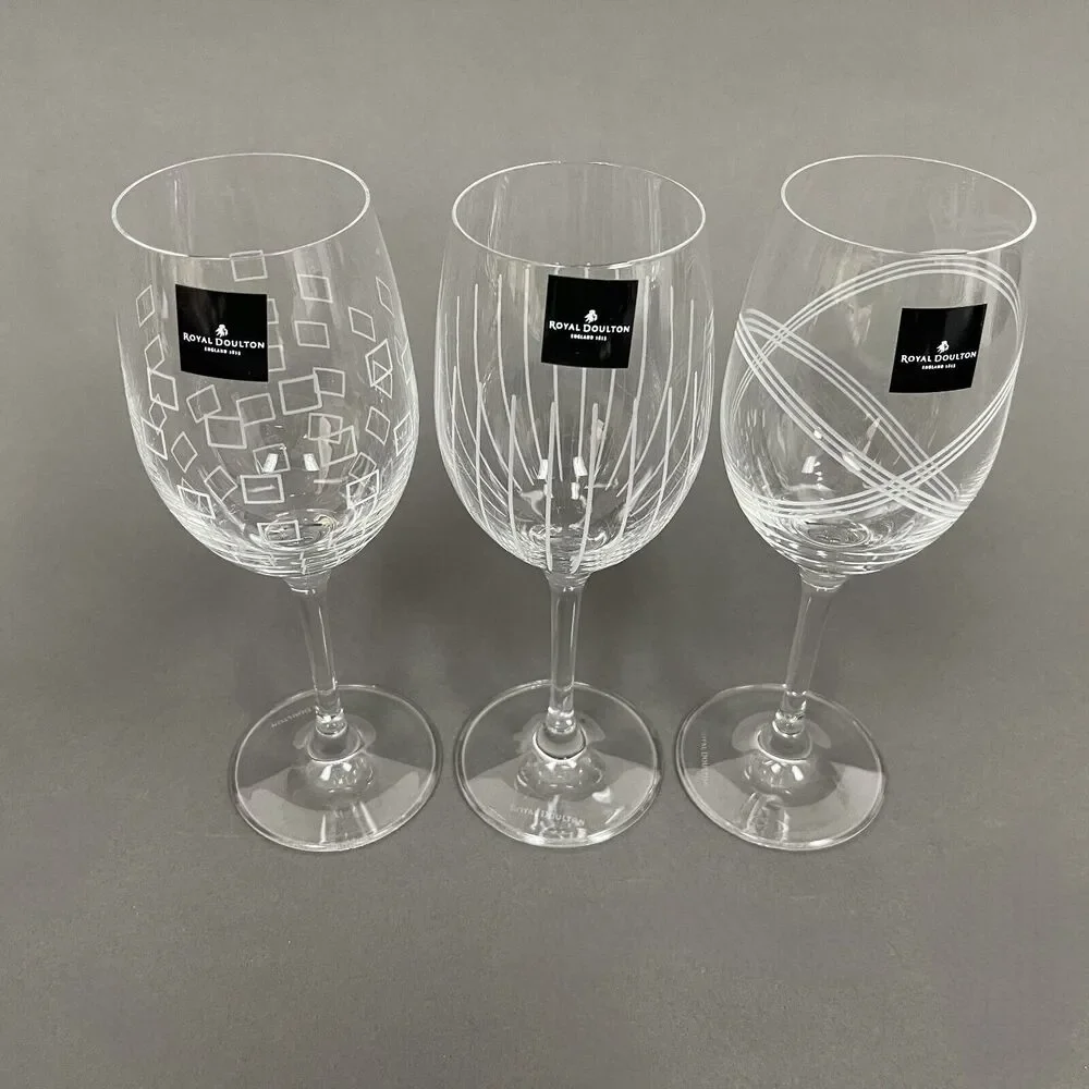 Royal Doulton Cystal Party Wine Glass Glasses‎ Squares Etched Lines Clear - 3